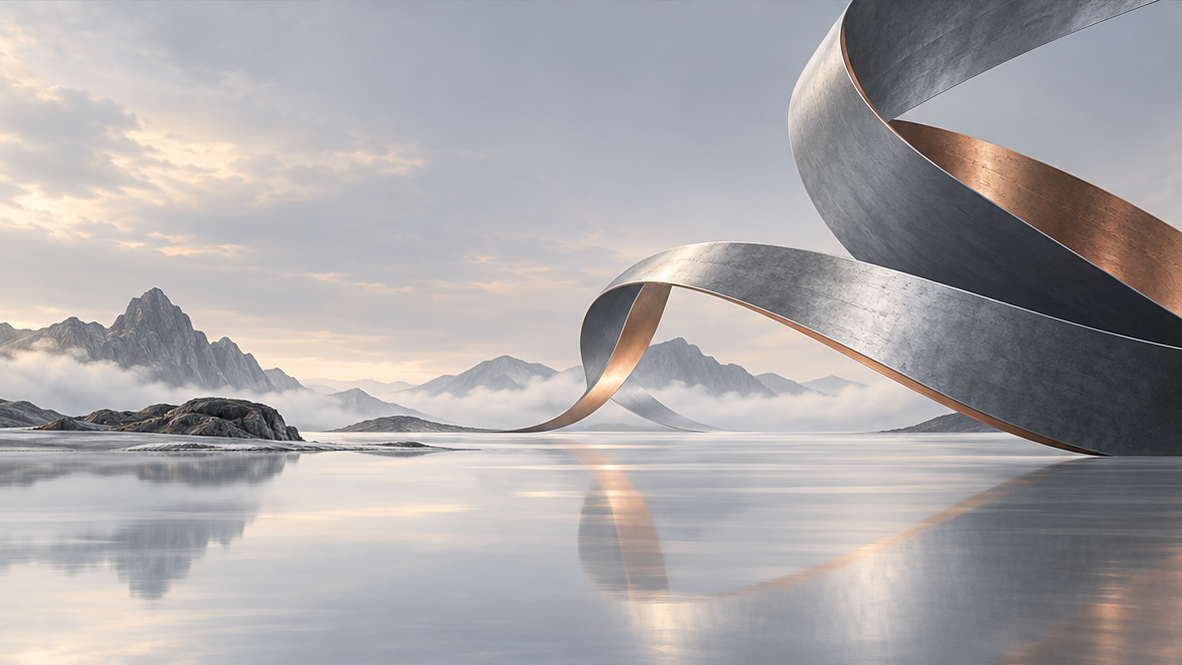 Steel and copper ribbons above a mountain lake